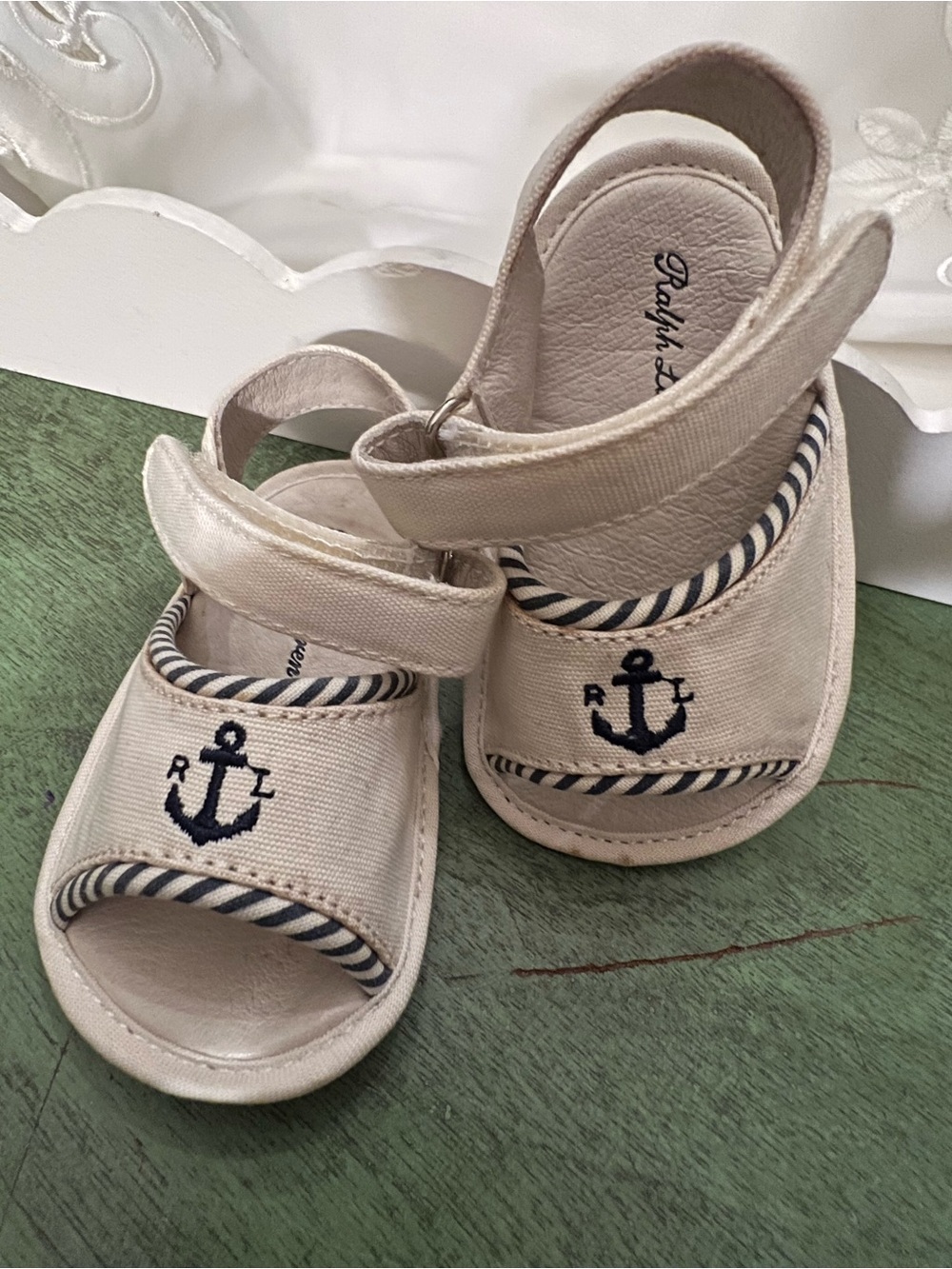 Ralph Lauren White/Cream Nautical Blue Anchor Infant/toddler Sandals size2 (3-6m